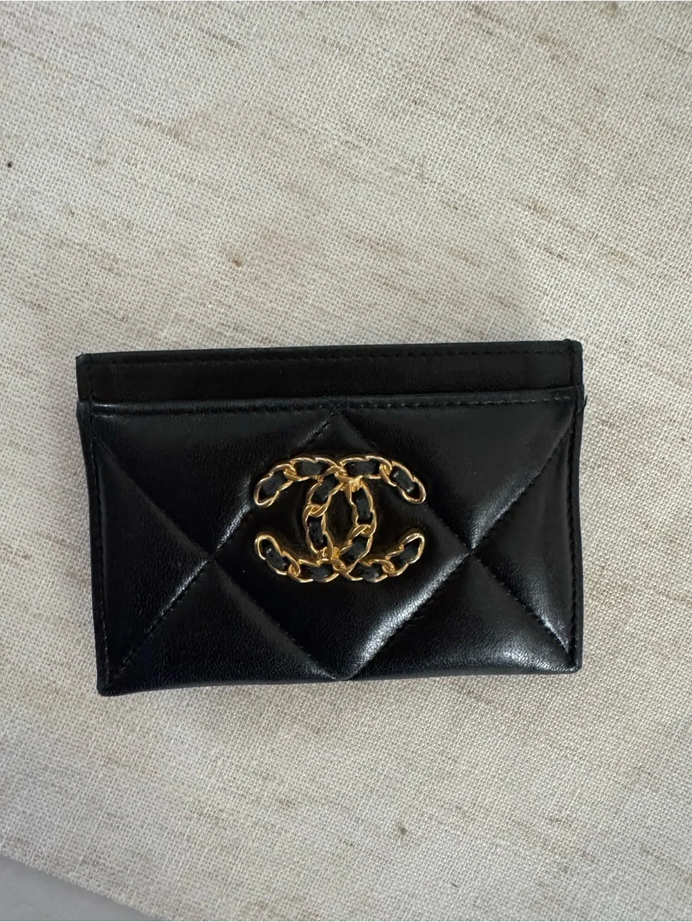 CHANEL Black Quilted Card Holder with Gold CC Chain Logo